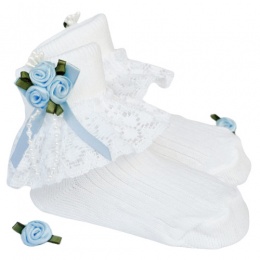 Girls White Lace Socks with Baby Blue Rosebud Cluster